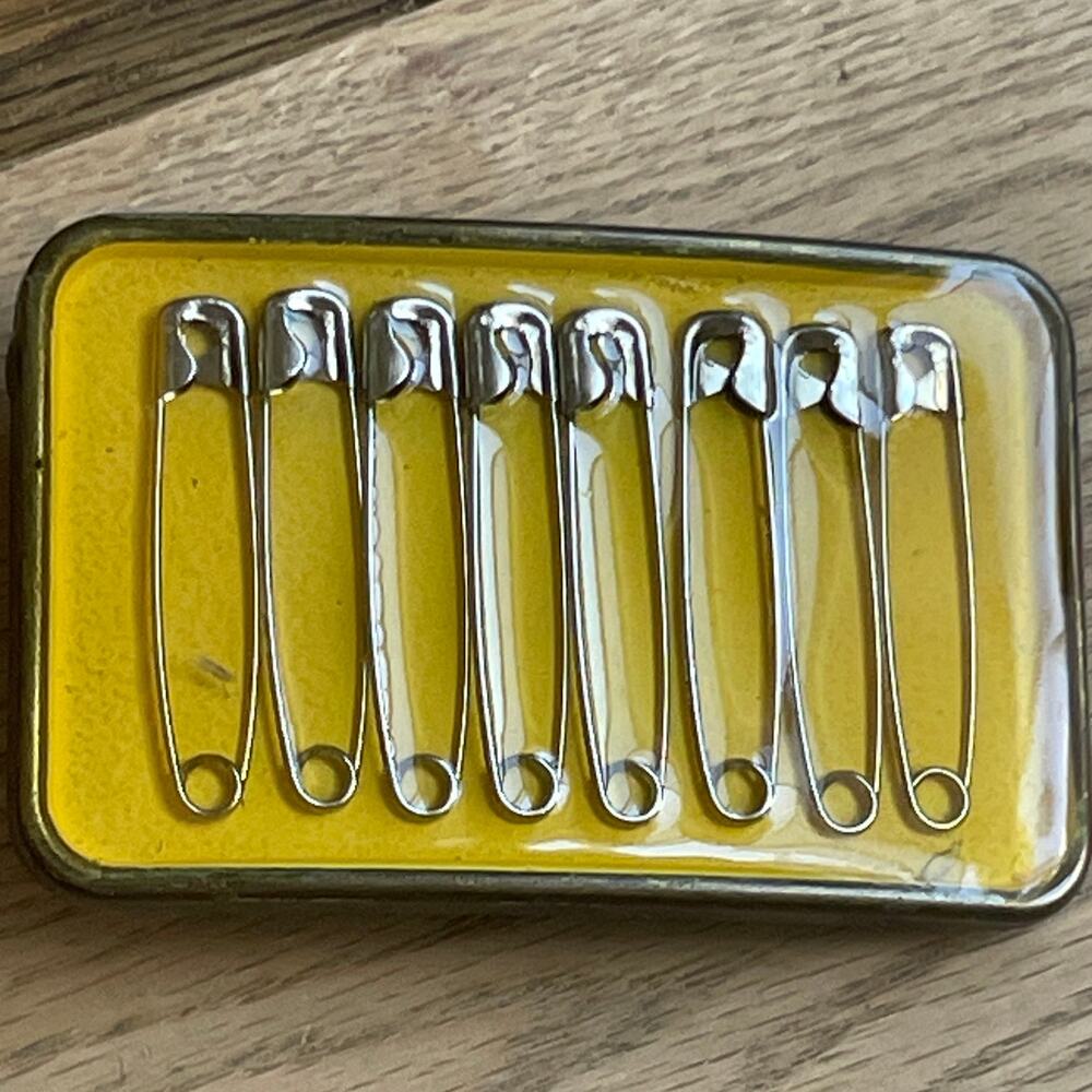 Unsigned Safety Pin Brooch Yellow Silver Tone Mini Safety Pins 2.25" Novelty